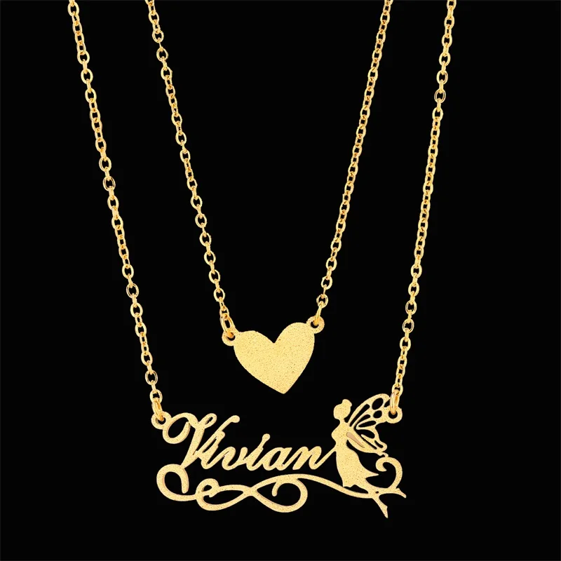 

Custom Fashion Double Layer Name Necklaces for Women Personalized Customized Stainless Steel Gold Heart Frosted Necklace Pendant