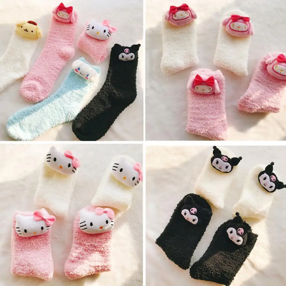 

Kawaii Floor Socks Cute Kittys Kt Cat Plush Winter Warm Stocking Kuromi Sanriod Cartoon Anime My Melody Plushine Thickening Gift