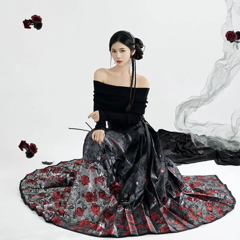 Юбка с изображением лошади плетеная золотая нить вышивка роза цветок ханьфу 2024