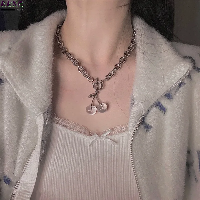 

Design Feeling Thick Chain Ot Clasp Cherries Transparent Cherry Necklace 2021 New Korean Collar Chain