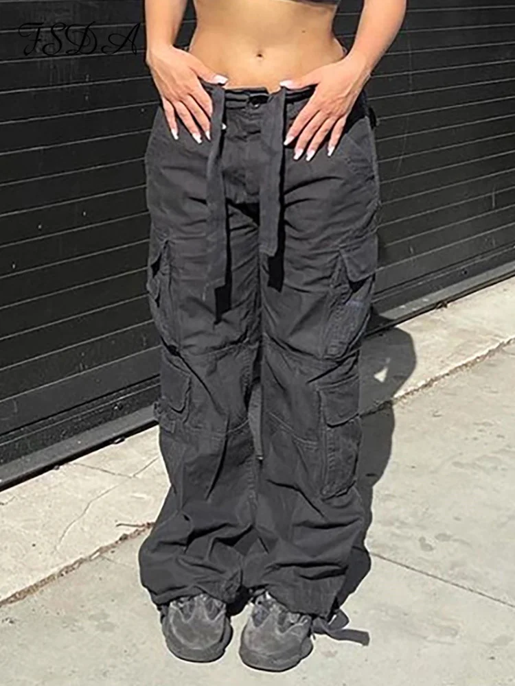 

BFSH 2022 Y2K Cargo Baggy Pants Women Low Waist Sweatpant Trousers Vintage Summer Street Pocket Wide Leg Joggers Pant Drawstring