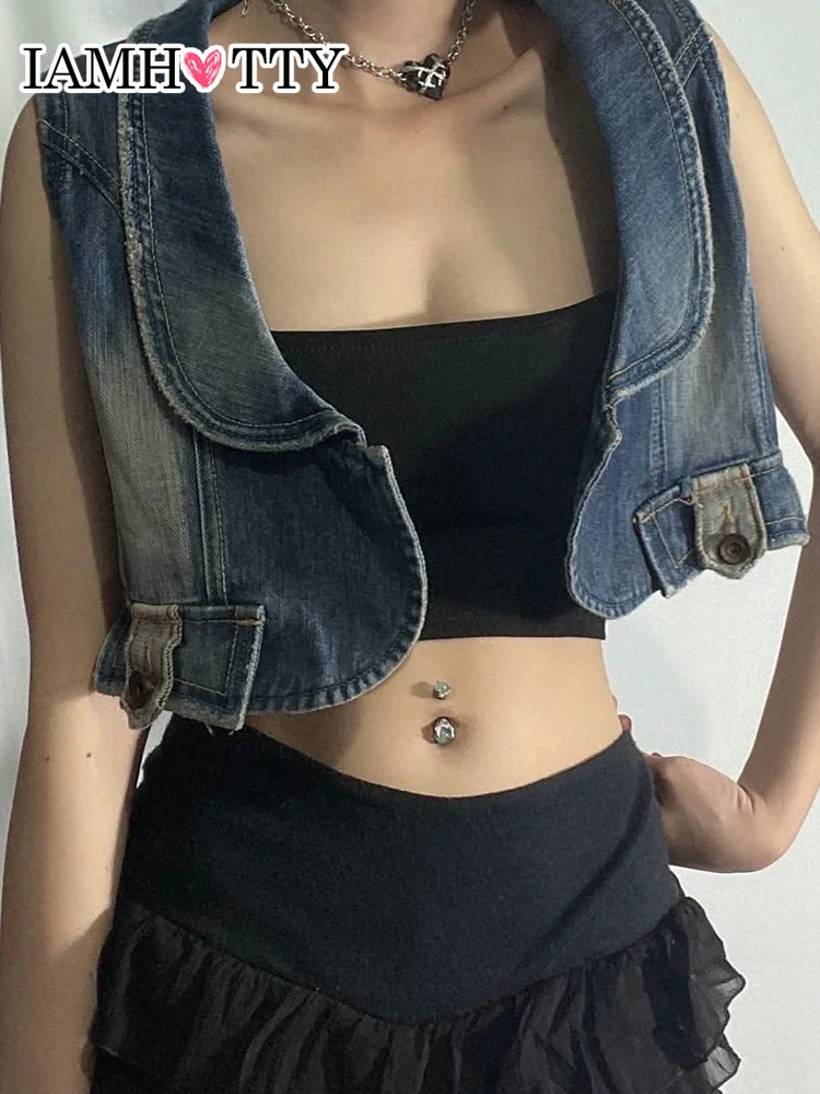 

IAMHOTTY Grunge Denim Vest Jacket Women Chic Punk Style Turn-down Neck Vintage Tank Tops Casual Cardigan Sleeveless Clothes Y2K