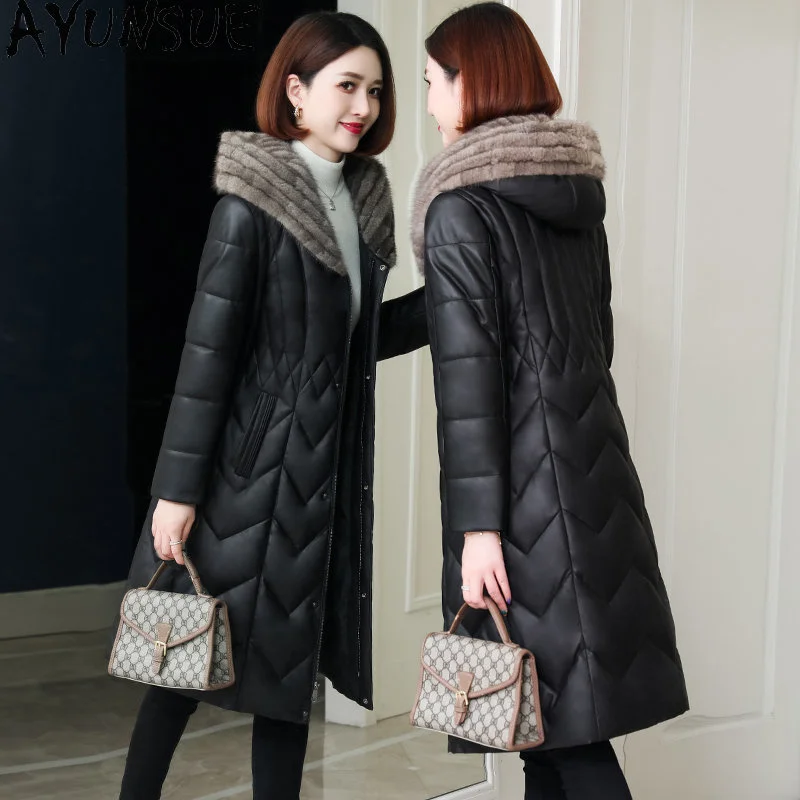 

Женская куртка из натуральной кожи с норковым меховым воротником, модное пальто из натуральной овчины, теплые пуховики средней длины и курт...