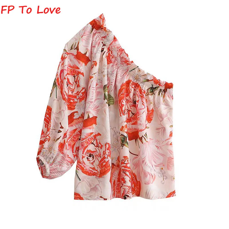 

2022 Summer French Niche Elegant Style Slanted Shoulder Collar Pink Printed Sexy Shirt Female Chic One-sleeve Short Top