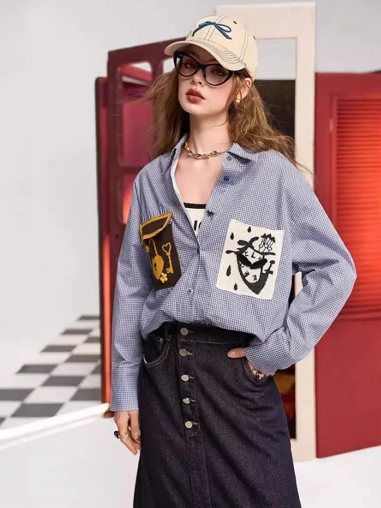 Осенняя новая синяя клетчатая свободная рубашка Y2K модная повседневная куртка с