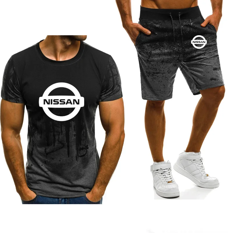 

New 2022 Summer Men's t-shirt and shorts Nissan car Logo print casual Gradient High Quality Cotton Men's T-Shirt short Suit 2Pcs