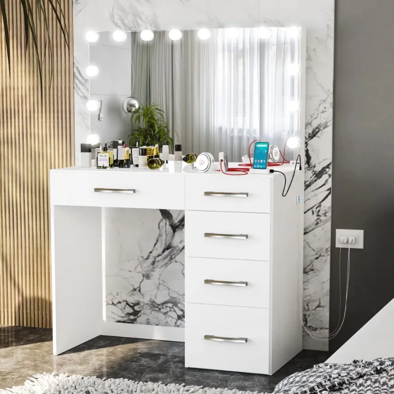 

Ember Interiors Leia Modern White Painted Vanity Table, USB Port, Lights, Dressers for Bedroom Furniture