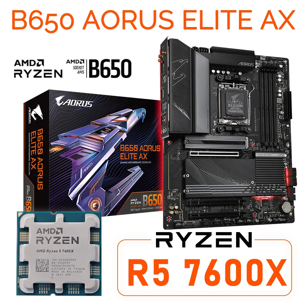 

AM5 Motherboard B650 AORUS ELITE AX AM5 DDR5 + AMD Ryzen 7600x Processor AM5 CPU Combo R5 7600 Ryzen Kit AMD B650 AM5 Mainboard