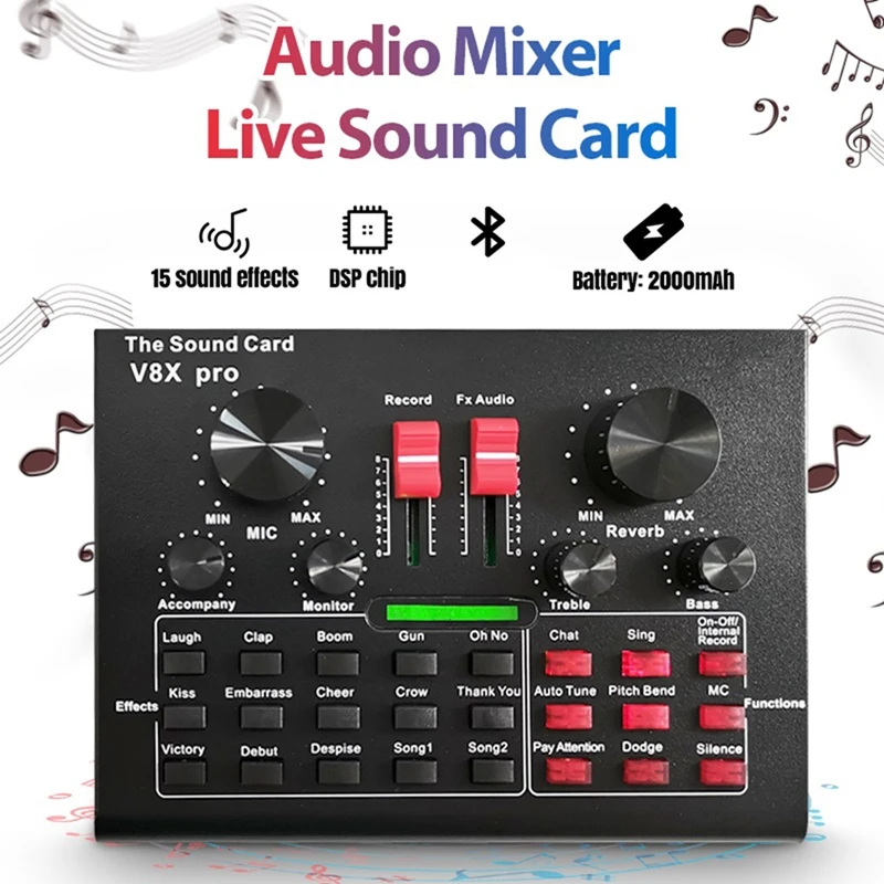 

V8X PRO Live Sound Card Audio Mixer Bluetooth 15 Multiple Modes Sound Effects for Computer Phones Singing and Recording