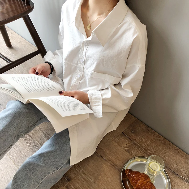 Women Shirts White Plain Loose Shirts Female Tops 2023 Spring Autumn Loose Fashion Korean Blouses Pocket Office Lady
