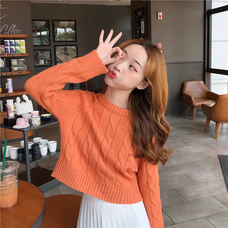 

Orange Autumn Woman Sweaters Spring Korean O-neck Sweater High Waist Sweater Top Femme Chandails Pull Hiver Coat Cloth Pullover