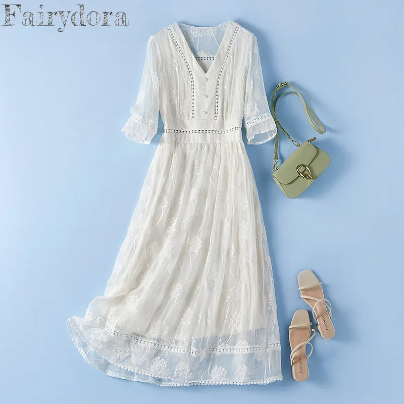 100℅ Natural Silk Dress for Women Summer Luxury Heavy Mulberry Silk V-Neck Embroidery White Dress Half Sleeve Beach Dress 28042
