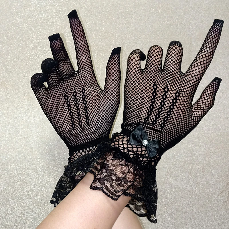 

1 Pair Women Black White Summer Uv-proof Driving Gloves Mesh Fishnet Gloves Lace Mittens Full Finger Girls Lace Fashion Gloves