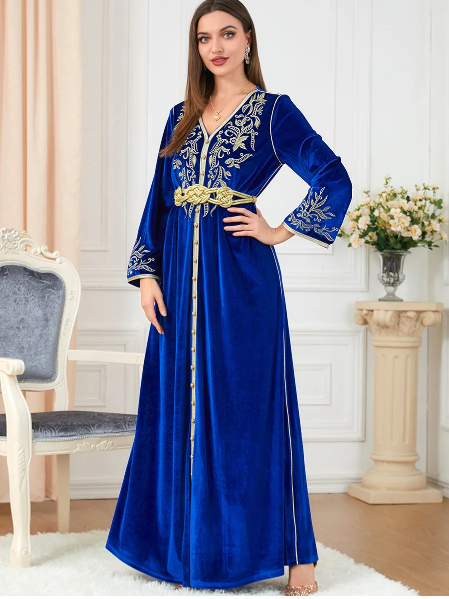 Women's Winter Abaya Velvet Belted Kaftan Jalabiyat Embroidered V-Neck Long Sleeve Dress Morocco Turkey Clothing