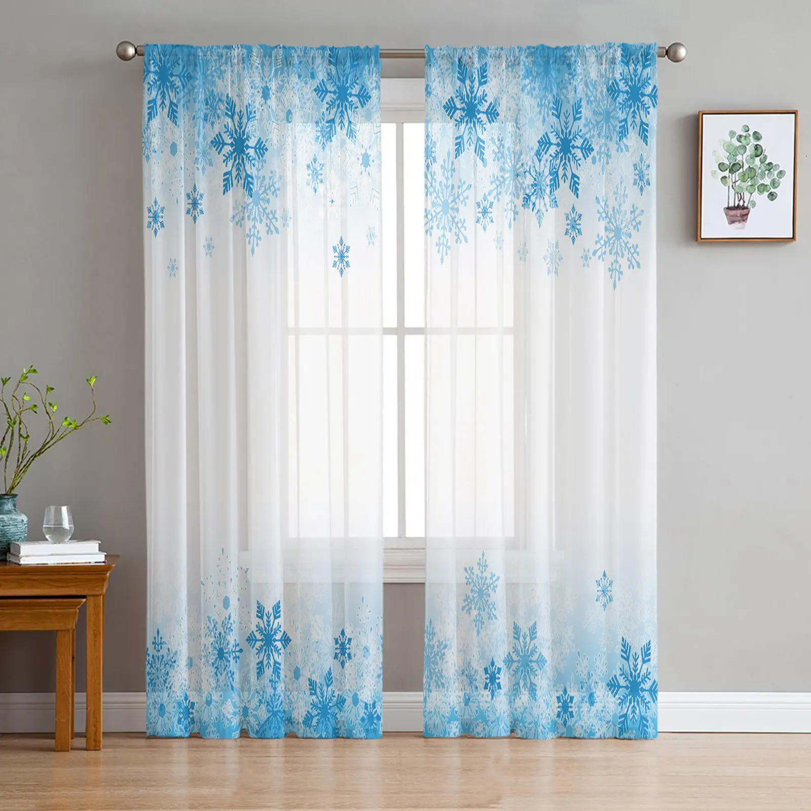 

Winter Theme Blue Snowflakes Sheer Curtains for Living Room Bedroom Home Decor Kitchen Tulle for Windows Voile Drapes