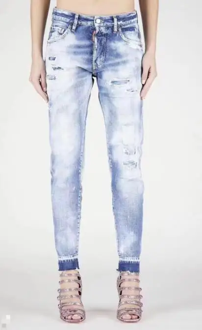 

Dsquared2 Women‘s Light Blue Hole Patch Topstitching Ripped Skinny Jeans for Women Straight Pants