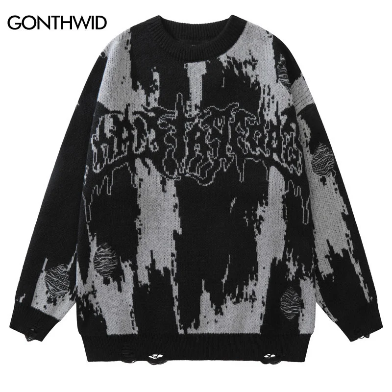 

Hip Hop Ripped Sweaters Grunge Y2K Vintage Knitted Punk Gothic Streetwear Jumpers Men Women Harajuku Fashion Pullover