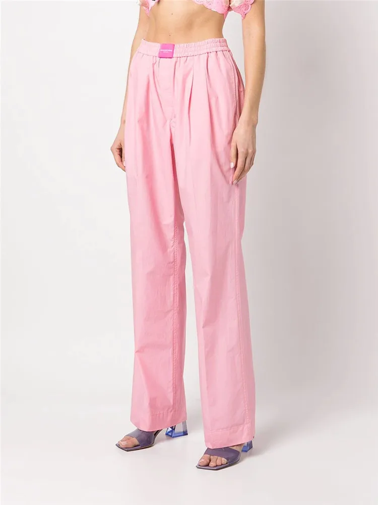

Women's Trousers Elastic Waist Straight Casual Pink Early Autumn Wide Leg Long Pants