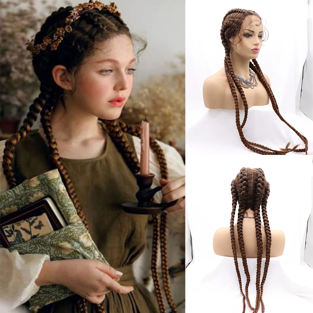 Sylvia Super Long Dark Auburn Braids 4 Box Braids Cornrow Braided Wig with Natural Baby Hair Synthetic Lace Front Wigs for Women