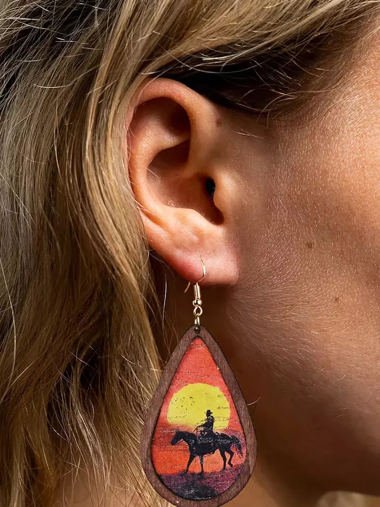 

Деревянные серьги-капельки с изображением ковбоя заката воды, женские Украшения для ушей в форме капли воды, свадебные модные аксессуары, ю...
