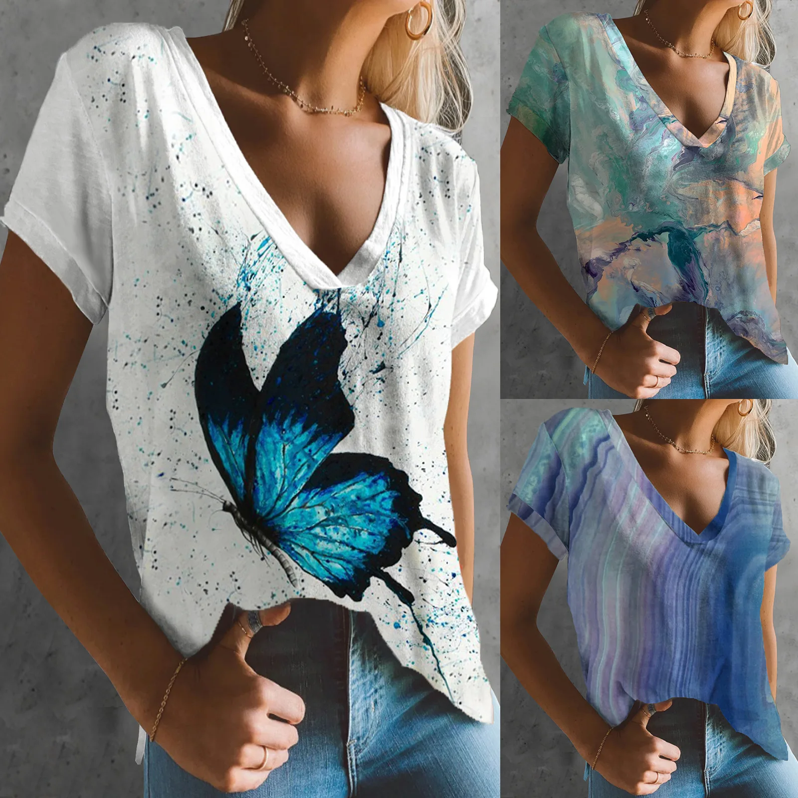 

2022 Summer Short Sleeve Casual Women T-Shirts Flower Print Tops Street Fashion Tee Female V-Neck Loose T-Shirt Large Size