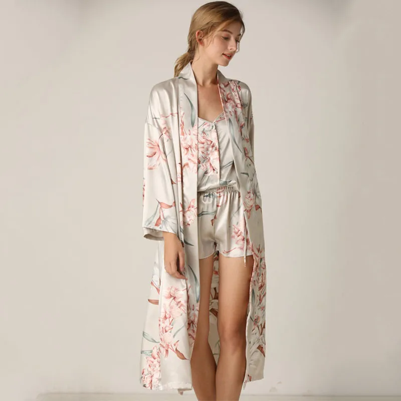 Women 3 Pieces Floral Printed Sleepwear Silk Sling Sleeveless Top Shorts and Maxi Robe Pajamas Set