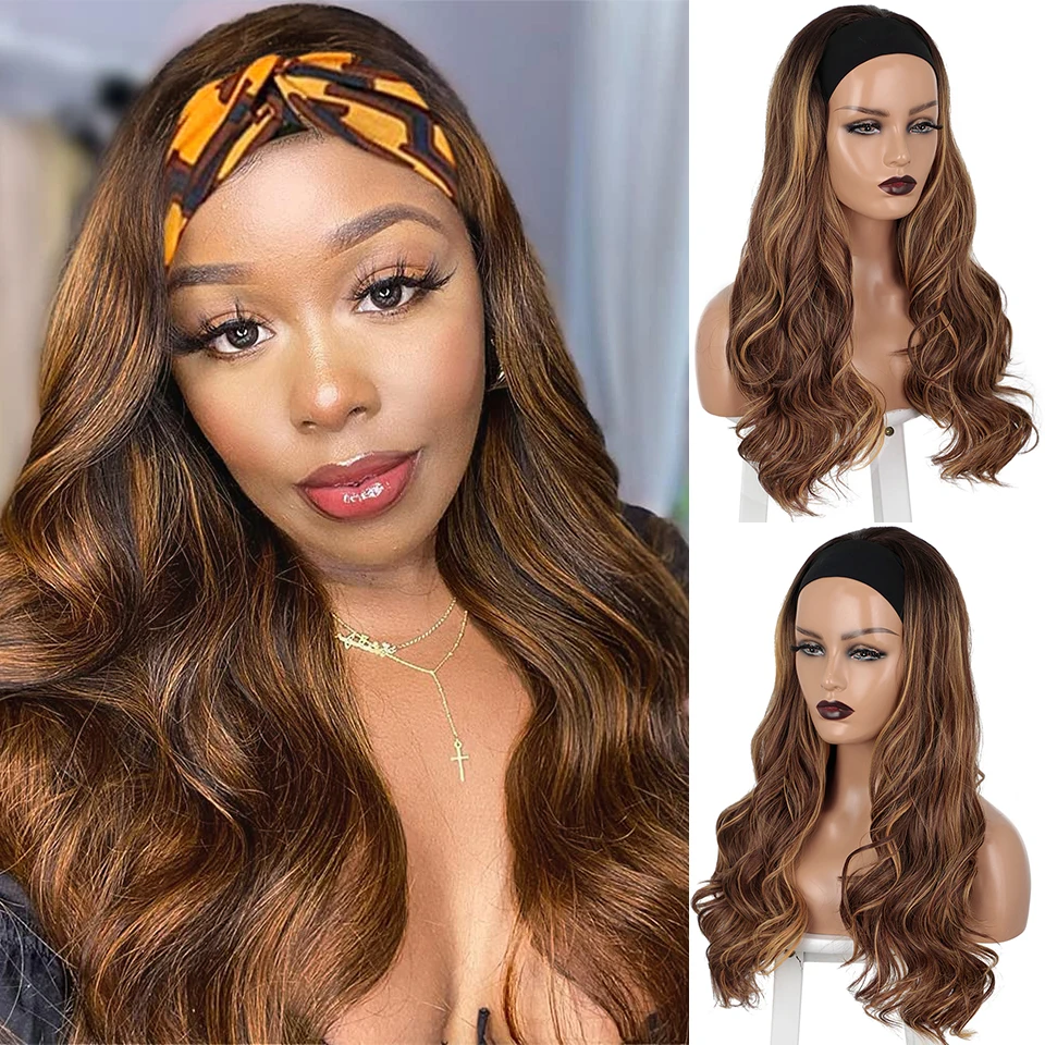 

Stamped Glorious Long Headband Synthetic Wig for Women Wavy Highlight Brown Mix Blonde Hair Easy to Wear Wig for Daily Use