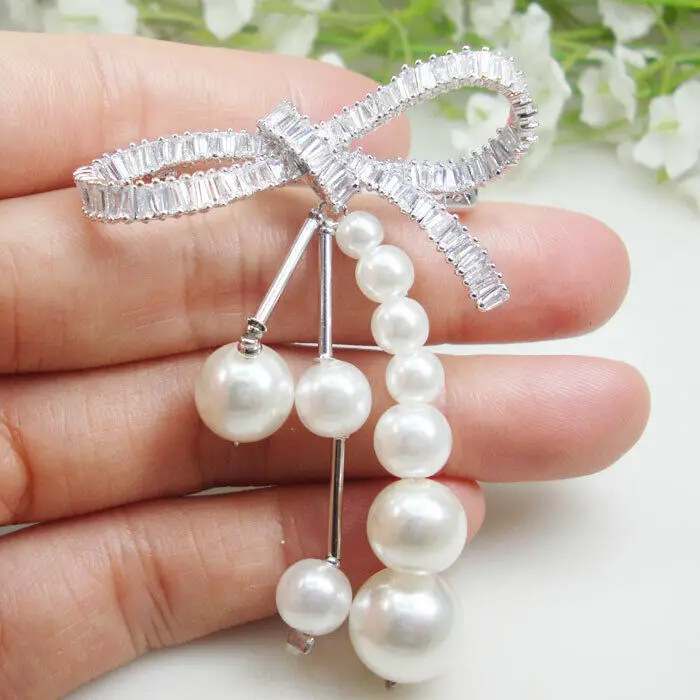 

Zircon Crystal Charming Bride Clear Bowknot Fringed Pearl Wedding Brooch Pin