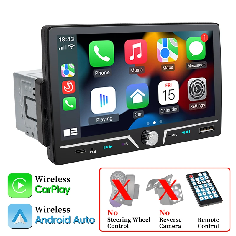 

Автомобильный радиоприемник 7 дюймов, 1 Din, беспроводной/проводной, Android Auto Carplay, IPS, сенсорный экран, 7 цветов, кнопки, Bluetooth Type-C, зарядка, зеркальная связь