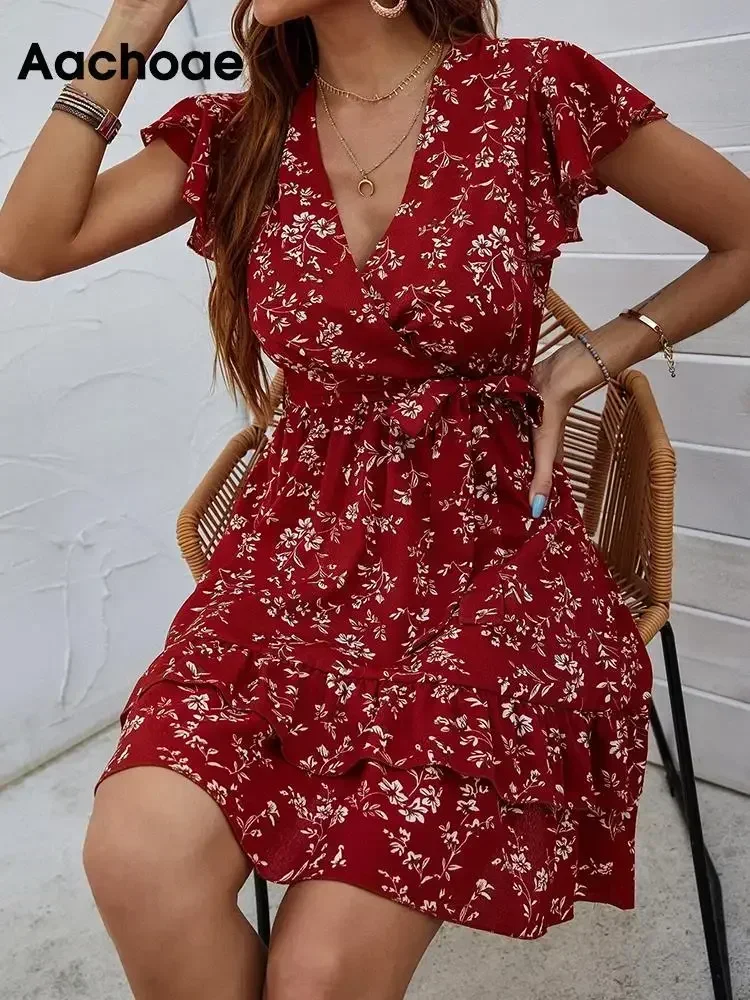 Aachoae-Vestido corto con estampado Floral para mujer минивэтер неформальный de manga corta cuello en V estilo bohemio
