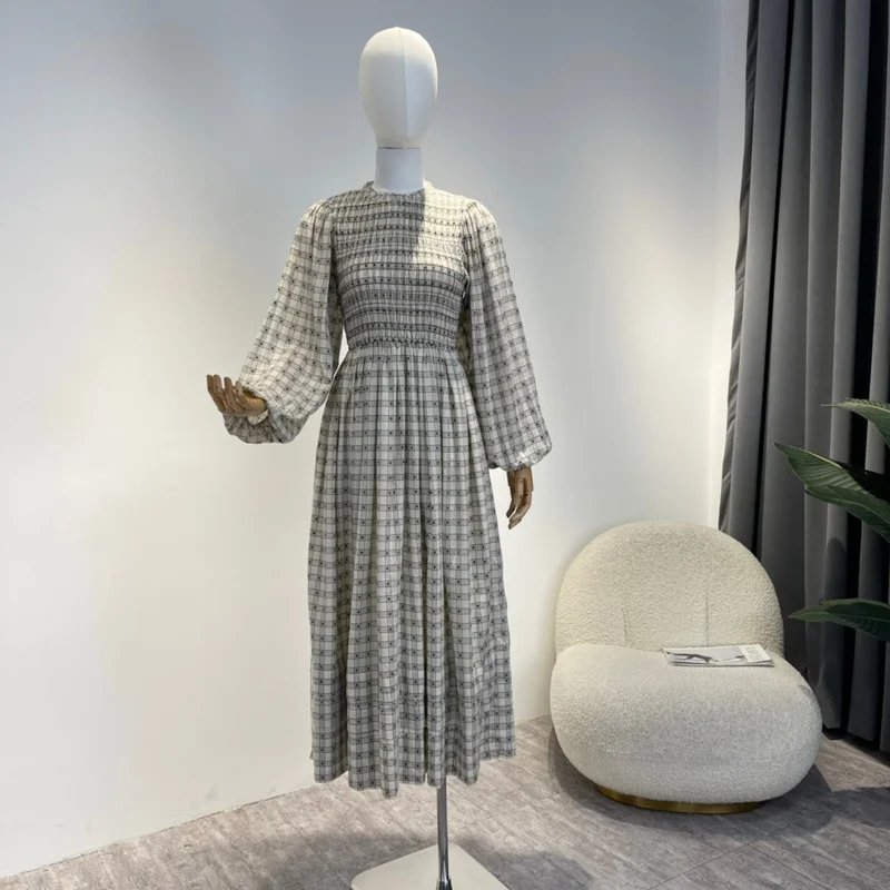 

Plaid Print Shirred Upper Pleated Autumn Dresses Women 2022 New Arrival Top Quality O-neck Clothing