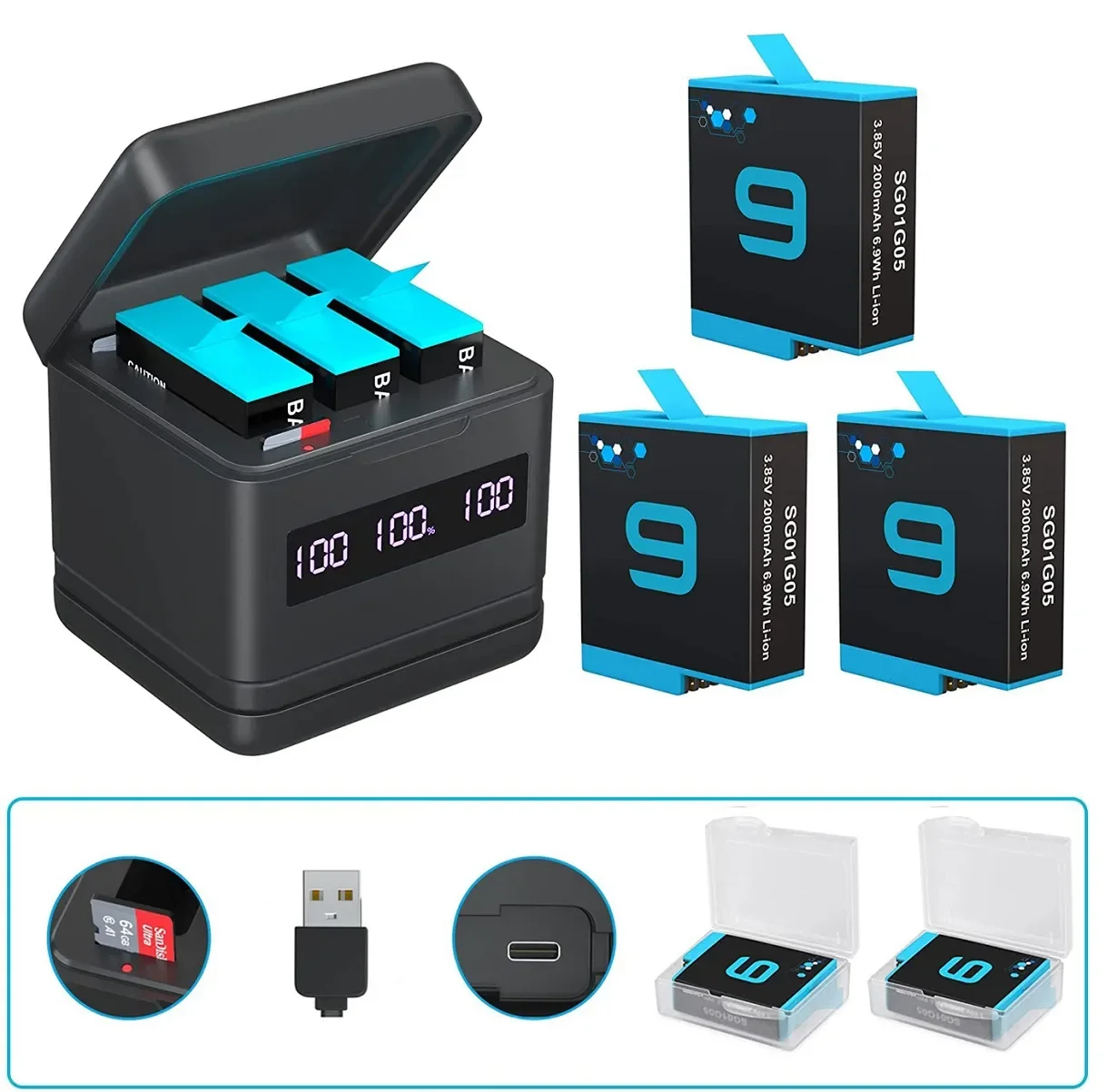 

PUENDI Bateria Hero 9/10, szybka ładowarka USB i Type-C, z funkcją szybkiego czytnika kart SD, używana do akcesoriów do kam