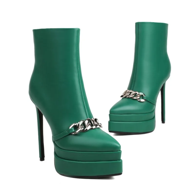 

Women's Short Western Boots2023Autumn/Winter/Spring Pointy Skinny Heels Ultra-high Heels Platform Chain Sexy Fashion Boots X03-7