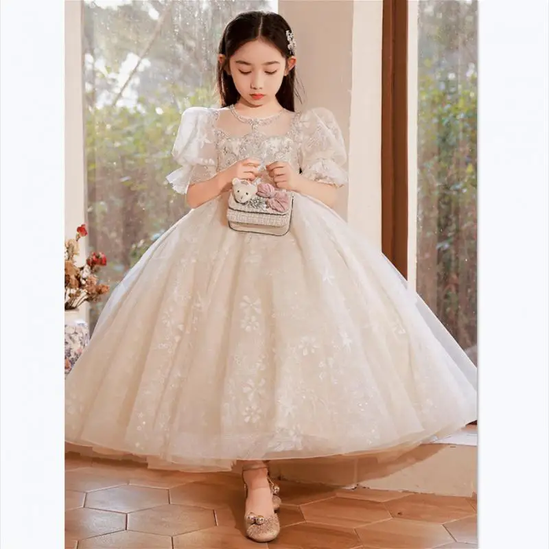 Long Girl Sequined Dress Infant Floral Tulle Ruched Evening Forck Kid Layered Bowknot Sweety Ball Gown Feast Birthday Party Wear enlarge