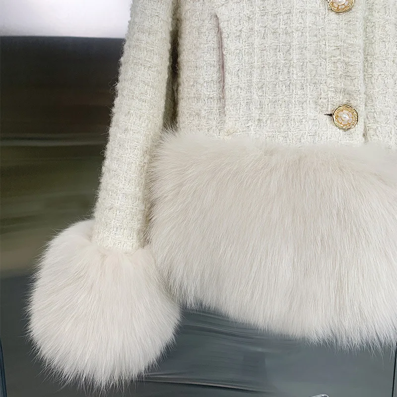 Autumn Winter Woolen Women Coat Faux Fox Fur Patchwork Short Ladies  Oversize Korean Thick Warm Fur Single Breasted Jackett