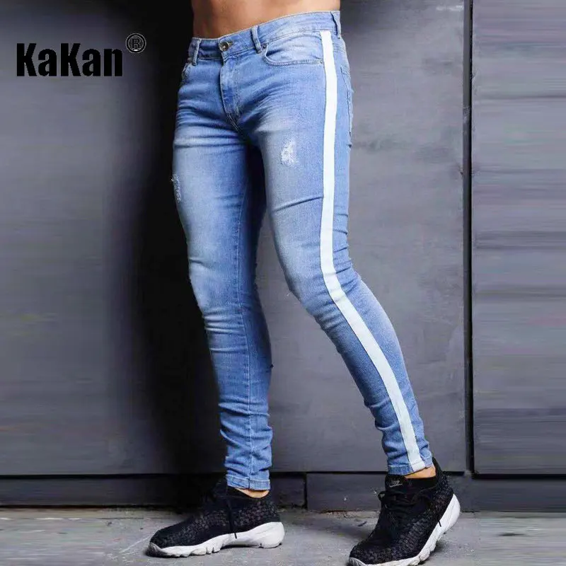 Kakan - Slim Fit Trend Knee Broken Leg Pants for Men's Jeans,  Popular Dark Blue Light Blue Jeans K016-822 In Europe and America