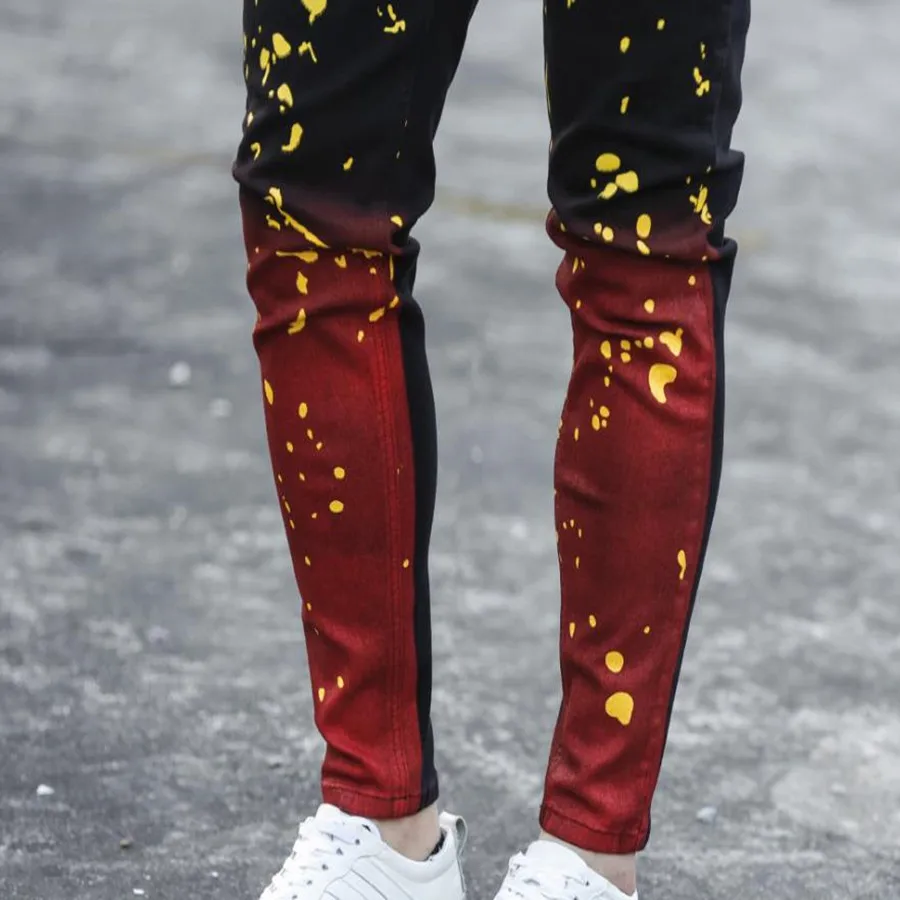 2023  Casual Streetwear Men's Jeans Skinny Stretch Pencil Pants Gradient Color Splash Paint Stylish Jeans
