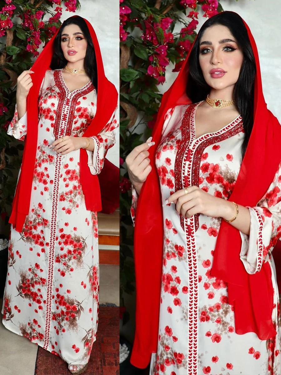 

Женское платье с цветочным принтом, мусульманское платье Абайи, женское платье с бриллиантами, Дубайский, арабский, турецкий, кафтан, мусульманская одежда, платье, платье, весна 2023