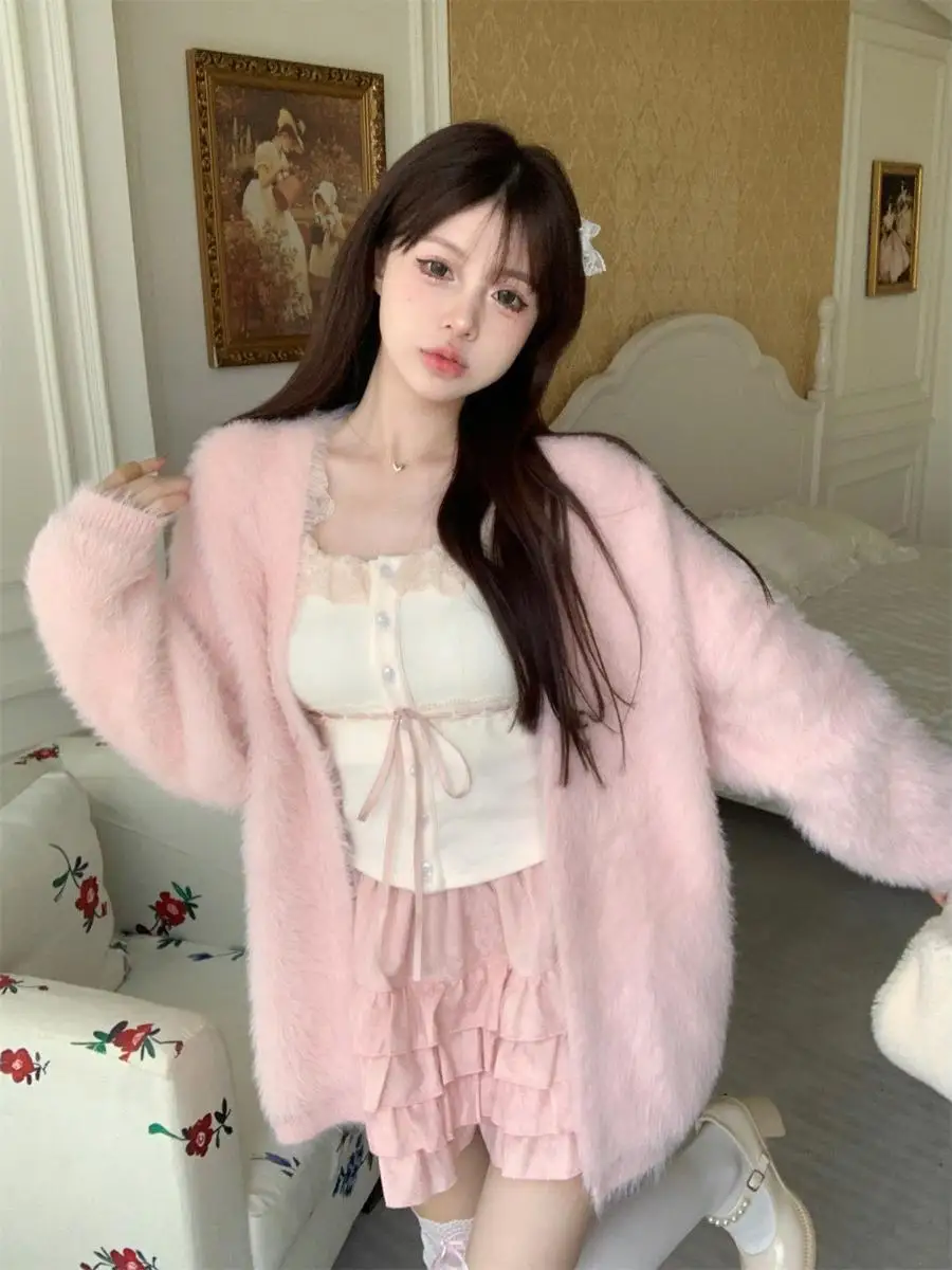 Qiake Girl ~ Нежный и молодой розовый свитер верхняя одежда женская осень 2024 свободный