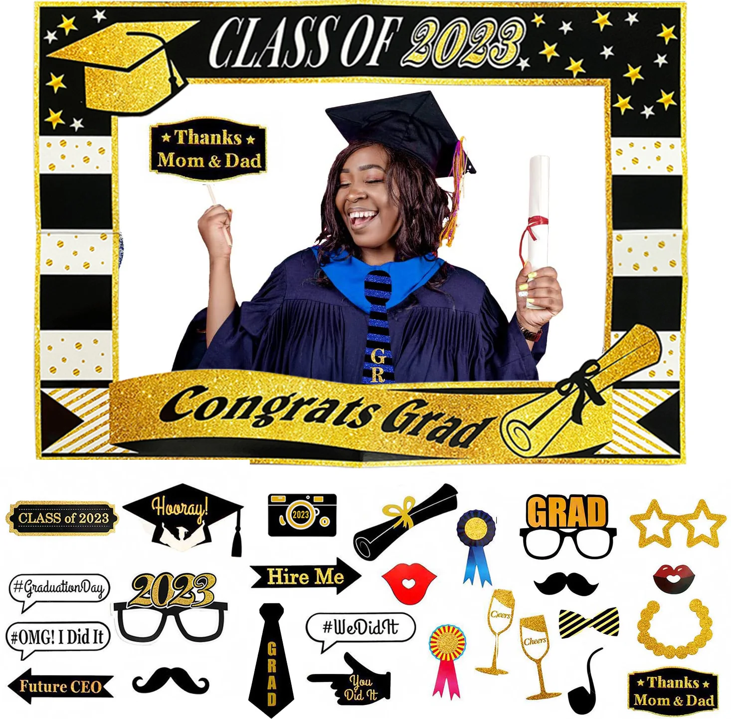 Gold Black Class of 2023 Graduation Party Decoration Balloons Photo Booth Props Bachelor Cap Grad Congrate Graduated Background images - 6