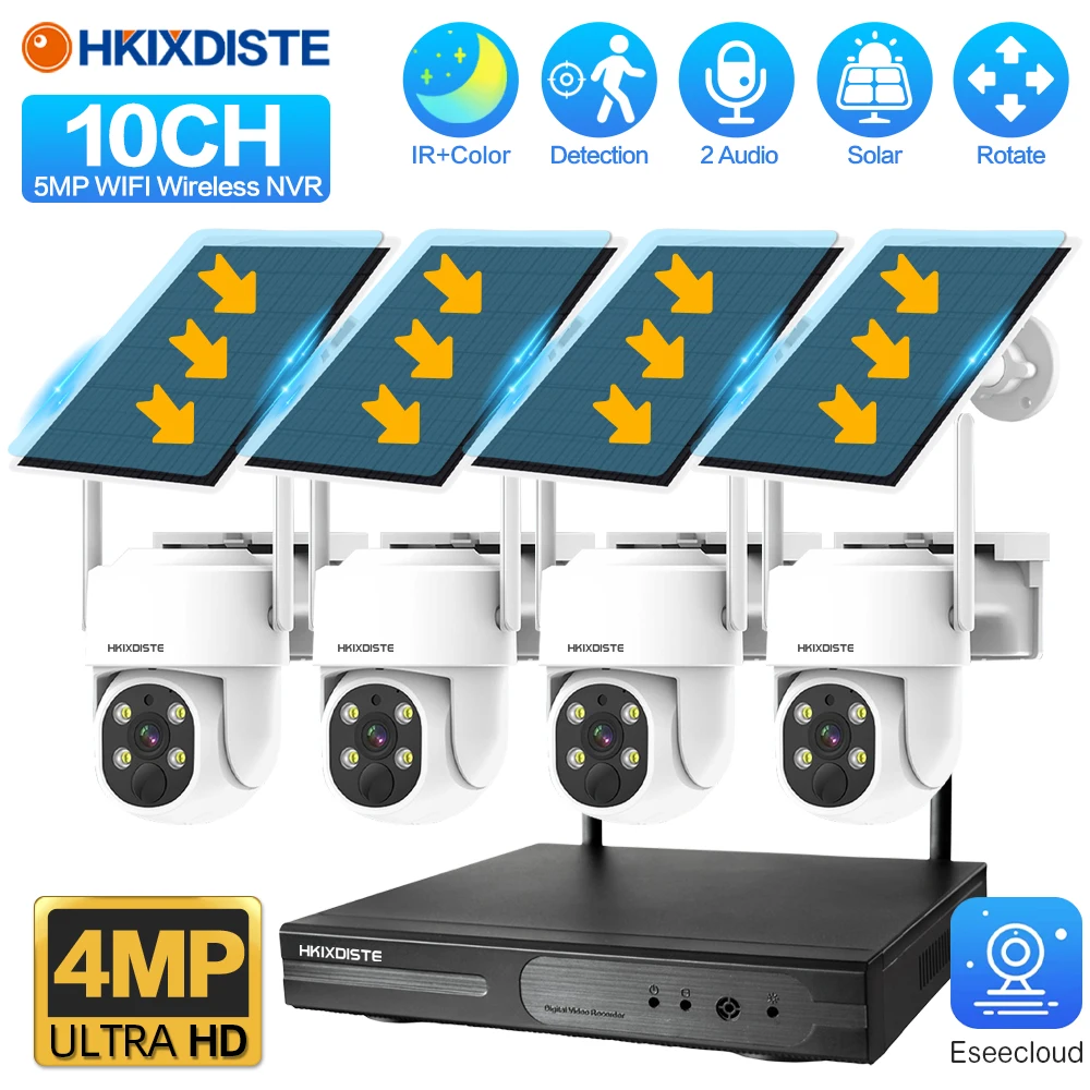 10CH 5MP WiFi NVR 4MP Solar Security Powered Wireless PTZ Camera Battery System Home Farm Forest Safe IP Solar Camera CCTV Kit