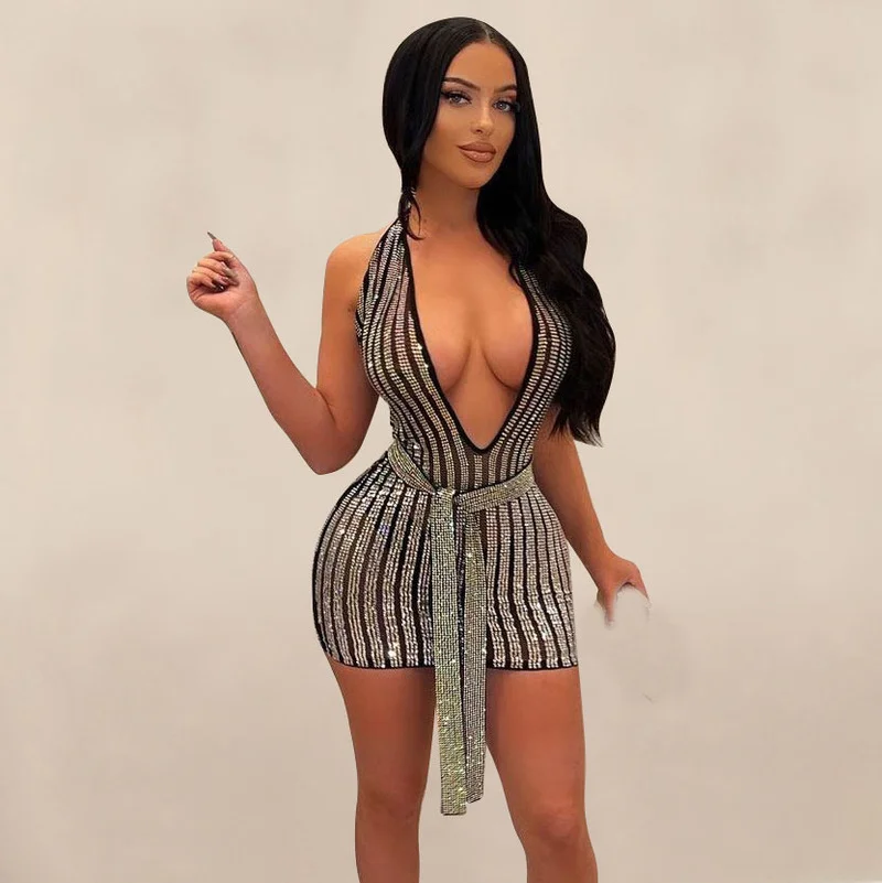 

WUHE Mesh Hot Rhinestones Halter Neck Sleeveless Bodycon Dress for Women 2022 Sexy Party Club Bandage Diamonds Dresses