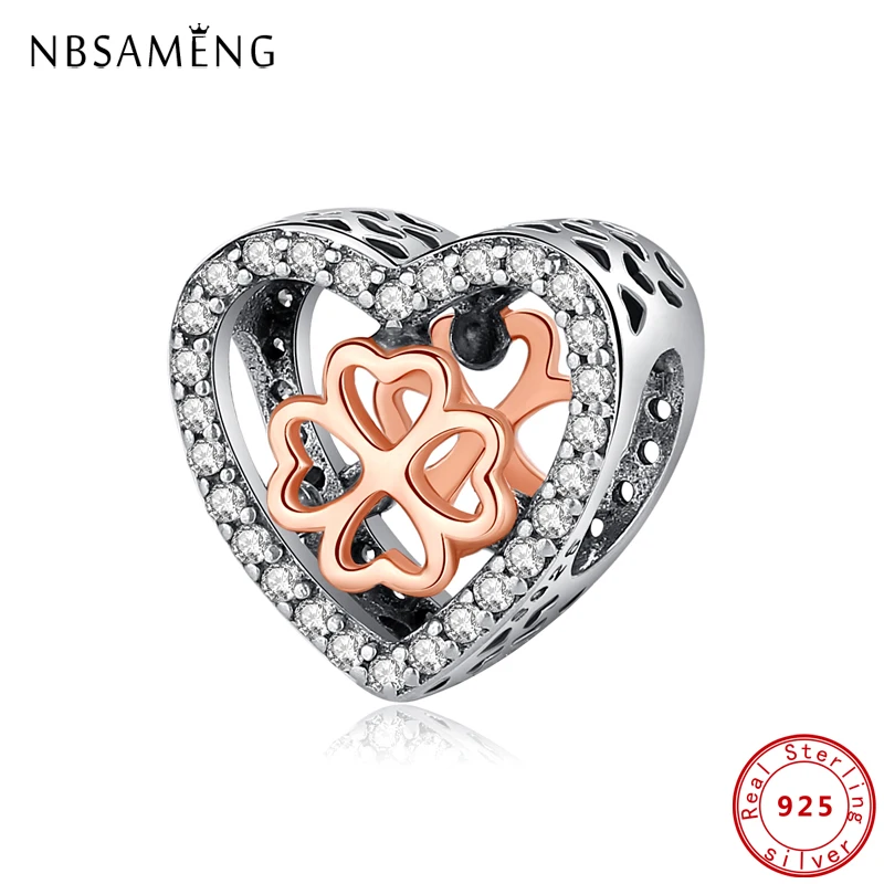 

100% 925 Sterling Silver Chamrs Love Heart Lucky Clover Beads Crystal Rose Gold Fit Pandora Original Bracelets For Women Jewelry