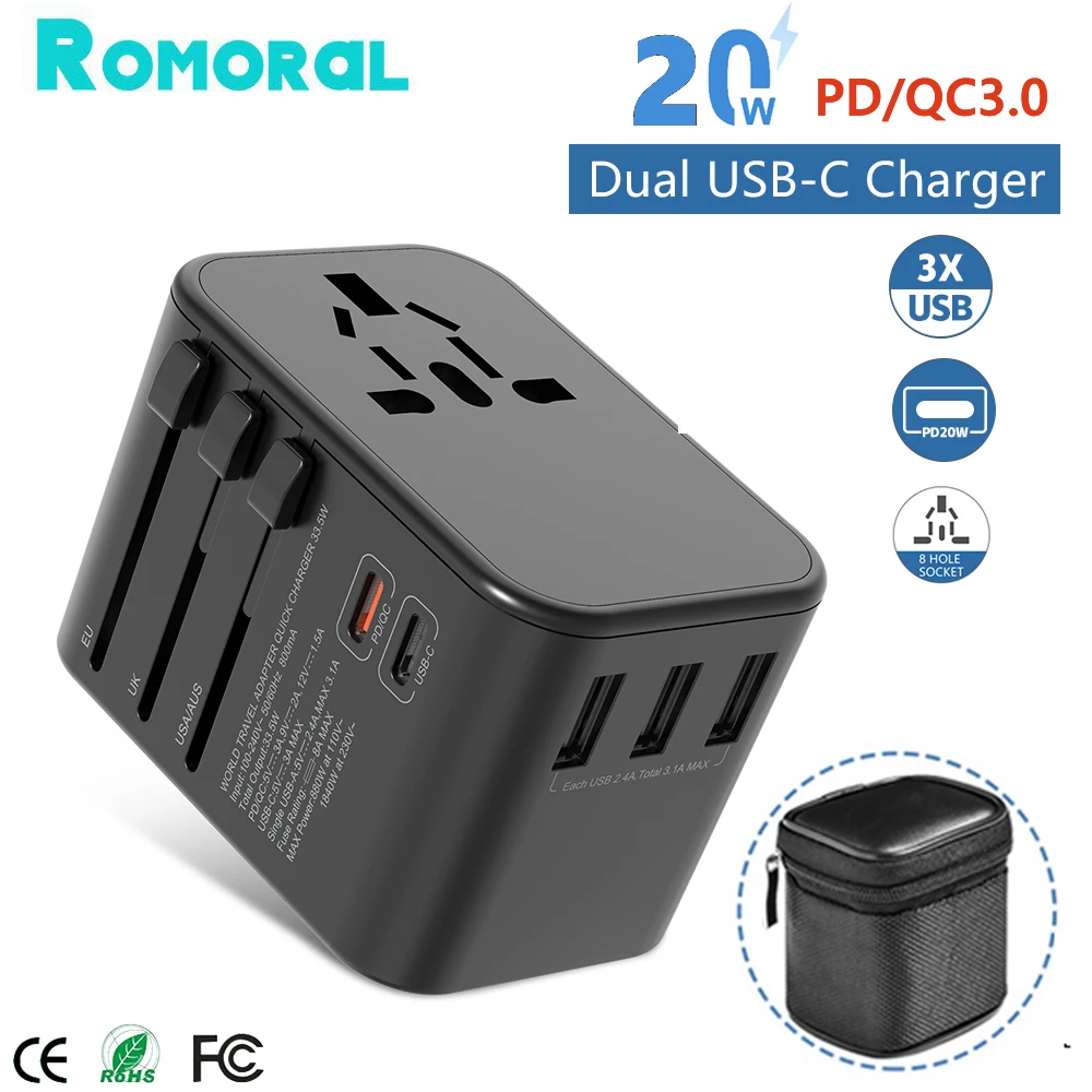 

EU/US/UK/AU Travel Universal Converter Plug Power Adapter Dual Type C PD QC USB Fast Charger for Macbook Ipad Laptop Smart Phone