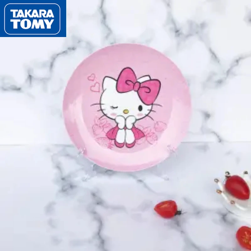 

TAKARA TOMY Cartoon Hello Kitty Print Tray Round Glazed Snack Tray Fruit Melamine Dinner Tray