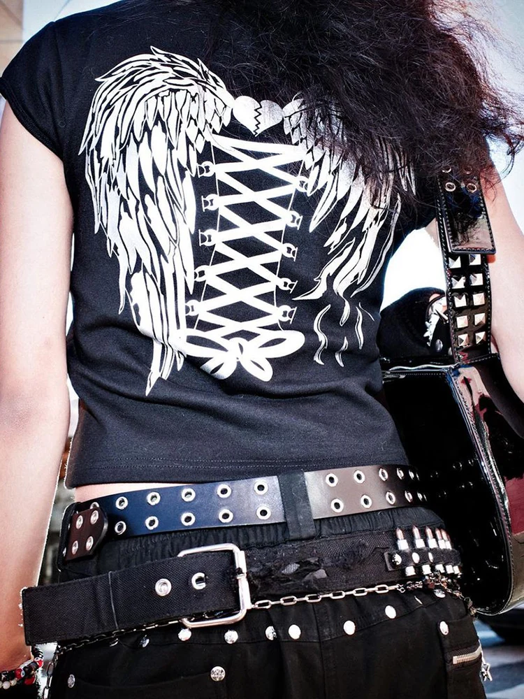 

Женская Винтажная футболка с коротким рукавом в готическом стиле Y2k, повседневный укороченный топ в стиле хип-хоп, с принтом "крылья"