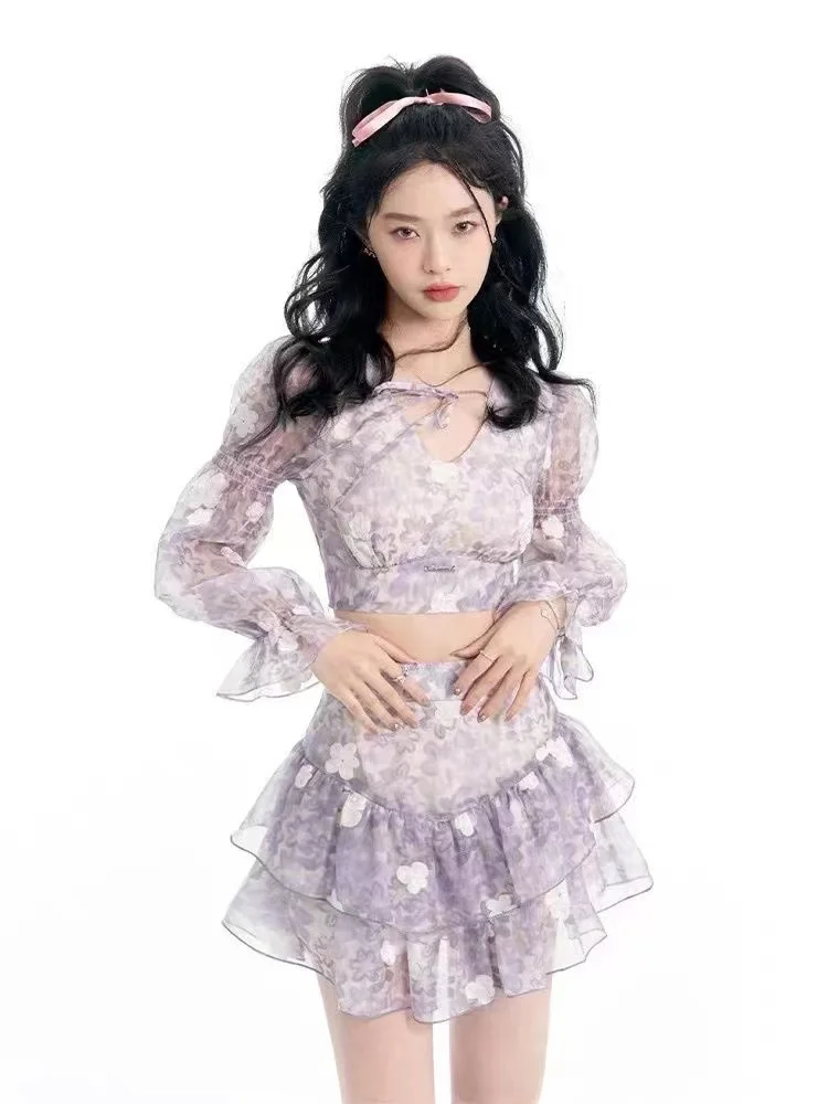 

Cool Summer Pure Desire Sweet spicy 2022 micro transparent floral crop top set skirt two-piece set