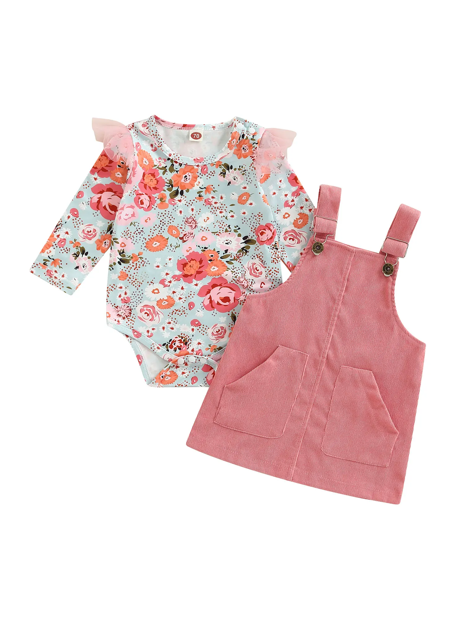 

Осенняя одежда для новорожденных девочек, комбинезон с длинным рукавом с оборками и цветочным рисунком, юбка на подтяжках с карманами, платье-комбинезон для младенцев