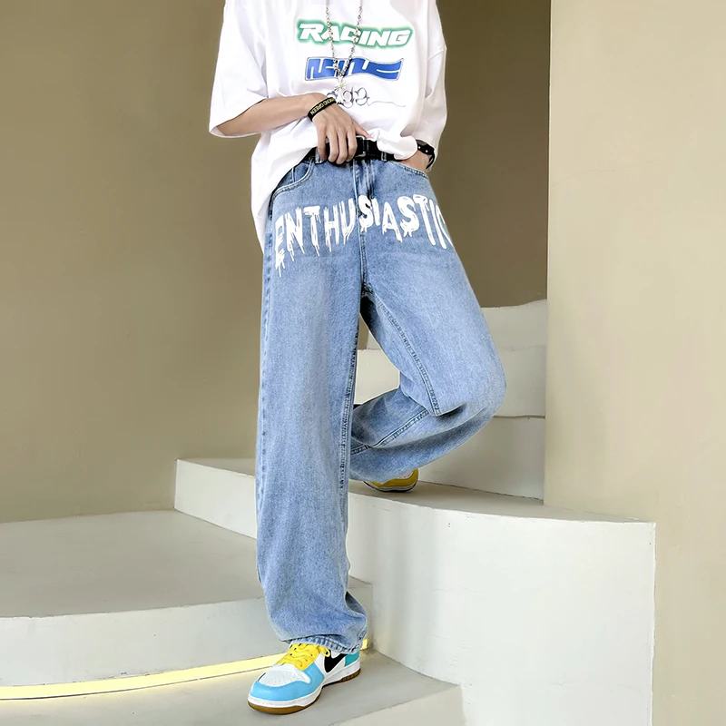 Y2K Retro Letter Embroidery Ripped Jeans Men's Hip Hop Straight Washed Oversized Casual Loose Couple Jeans Trousers Streetwear