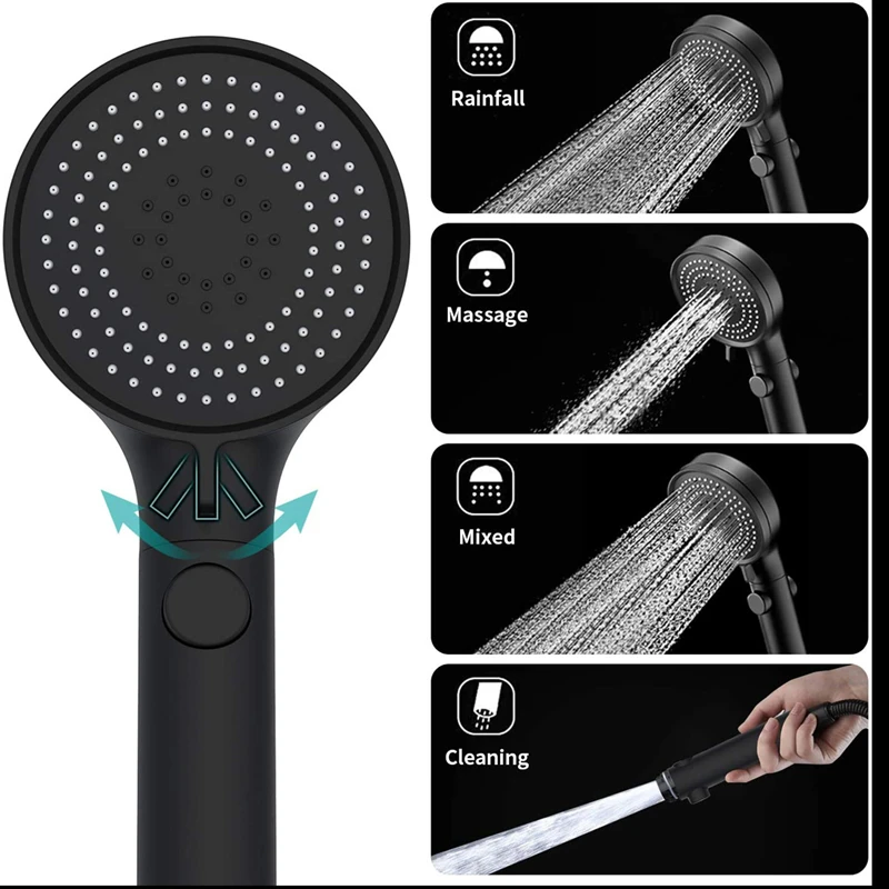 Black Shower Head Water Saving 5 Mode Adjustable High Pressure Shower One-key Stop Water Massage Eco Shower Bathroom Accessories